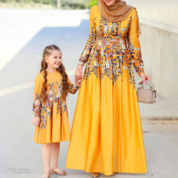 Elegant Floral Print Round Neck Long Dress for Mom and Me  Yellow