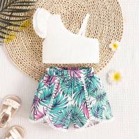 Summer new style girls casual small flying sleeves one-piece camisole printed shorts suit  Green