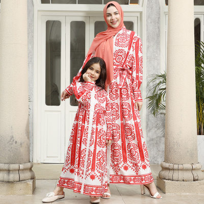 Elegant Geometric Print Long Dress for Mom and Me
