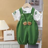 Summer short-sleeved suits for boys and girls, new style, infant suspenders, two-piece suits, Korean style, going out clothes  Green