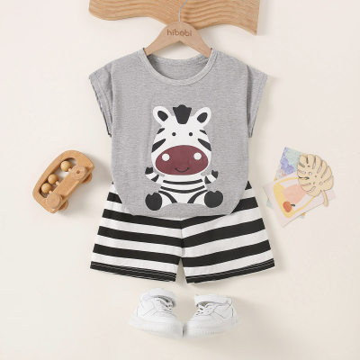 2-piece Toddler Boy Pure Cotton Zebra Printed Vest & Striped Shorts