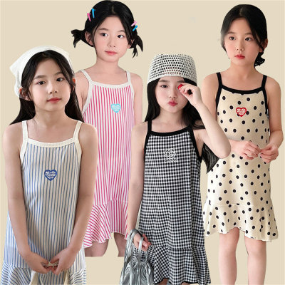 أزياء الفتيات الصيفية منقوشة فستان الحمالة على طراز شانيل
