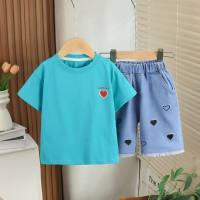 Boys summer suits 2024 new style children's love short-sleeved baby clothes summer trendy two-piece suits  Blue