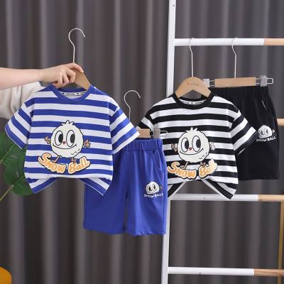 Children's short-sleeved suit summer new cartoon striped T-shirt boy's casual two-piece baby comfortable clothes