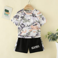 2-piece Toddler Boy Camouflage Short Sleeve T-shirt & Letter Pattern Patchwork Shorts  Gray