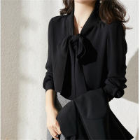 Elegant solid color bow shirt top  Black