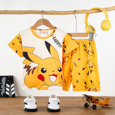 Gelber Pikachu-Kinderpyjama für den Sommer, kurzärmelig, dünner Abschnitt, mittlere und große Größe, Heimkleidung für kleine Jungen und Teenager