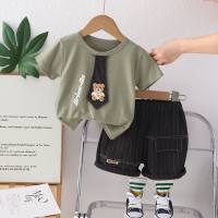 Boys summer short-sleeved suit 2024 new infant children's tie bear cartoon baby summer clothes handsome two-piece suit trendy  Green