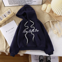 Toddler Boy Autumn Casual Solid Color Letter Long Sleeves Hooded Pullover Sweater  Navy Blue