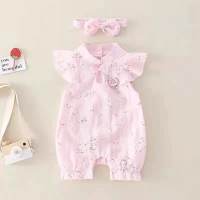 ملابس صيفية رقيقة للأطفال الرضع من قطعة واحدة بأكمام قصيرة  وردي 