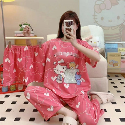 Conjunto de pijama de tres piezas para niña adolescente con dibujos animados de Hello Kitty