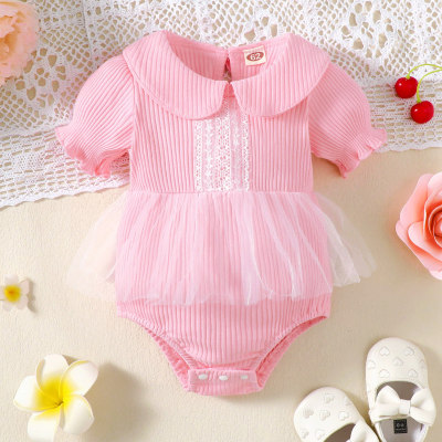 Baby Girl Solid Color Lace Mesh Decor Puff Sleeve Triangle Romper