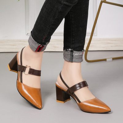 Women's single shoes pointed toe thick heel closed toe women's shoes mid-heel single buckle high heel shoes hollow women's sandals