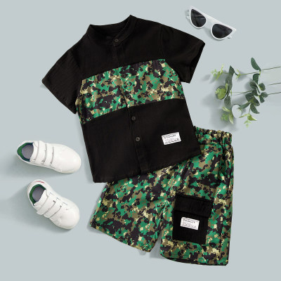 Young Boy Camouflage Print Color Block Shirt And Shorts Suit