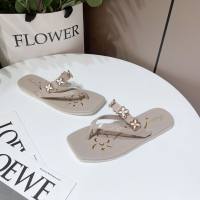 Fashion rhinestone flip-flops for women 2024 summer new style outdoor thick-soled flat-soled beach vacation flip-flops  Apricot