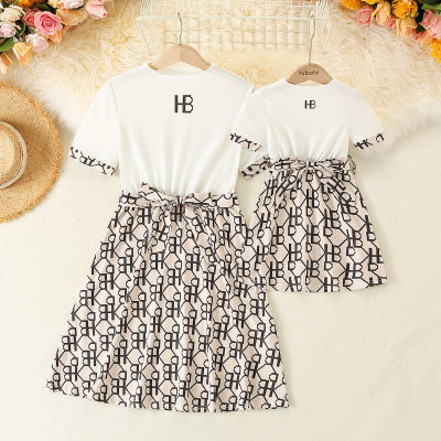 Mom and Me Letter Printed Patchwork Short Sleeve Dress