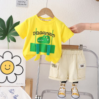 Infant baby cartoon cute short-sleeved summer thin T-shirt boys and children's clothing two-piece set manufacturer one piece drop shipping  Yellow