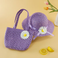 2-piece Girls' Flower Decor Hand Bag & Matching Hat  Purple