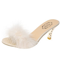Summer new large size furry solid color fashion style all-match round toe women's stiletto slippers  White