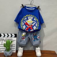 2024 versión coreana de ropa de manga corta ropa Ultraman traje de verano para niños nuevos y guapos niños y bebés  Azul