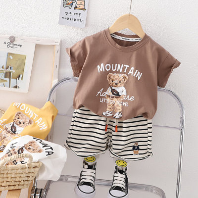 Foreign trade 2023 new children's summer cotton T-shirt breathable short-sleeved shorts suit boys and girls shoulder bag bear thin section