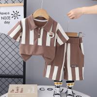 Children's clothing boys summer suit new summer striped children's short-sleeved two-piece suit  Brown