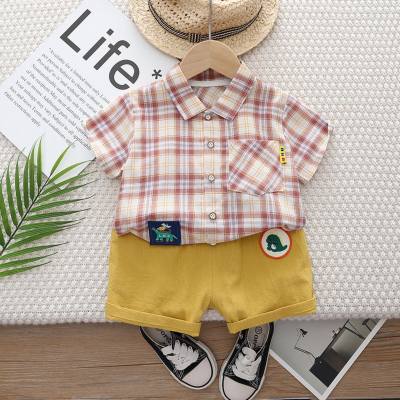 Children's short-sleeved shirt suit new boys' casual cotton plaid stylish baby handsome shorts two-piece suit