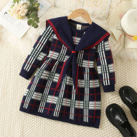 Kid Girl Plaid Cape Patchwork Long Sleeve Knitted Dress  Navy Blue
