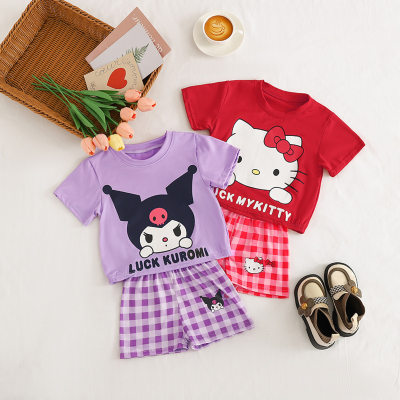 Southeast Asia summer new style 2024 girls casual cartoon suit baby cute loose shirt plaid shorts suit