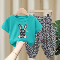 Children's suits for boys and girls, summer thin baby short-sleeved T-shirt tops, anti-mosquito pants, two-piece set, trendy sports children's clothing  Blue