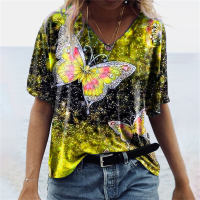 Camiseta con estampado de mariposas de manga corta para mujer  Amarillo