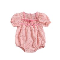 Fashionable short-sleeved baby girl's baby summer clothing triangle harem summer thin double-striped polka-dot jumpsuit trendy  Pink