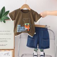 Boys summer short-sleeved two-piece suit 2024 new style children's baby handsome summer wear thin fashionable suit trendy  Deep Green