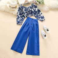 2-piece Kid Girl Allover Floral Printed Square Neck Long Sleeve Top & Solid Color Button Front Loose Pants  Blue