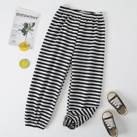 Children's fashion black and white striped loose casual pants boys and girls home pajamas sports cuffed trousers  Black