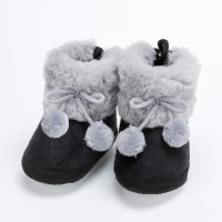 Baby Girl Solid Color Non-slip Soft ETC Soles High-top Pom Pom Cotton-padded Lace-up Shoes  Black