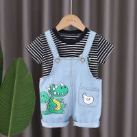 New style boy's round neck striped casual short-sleeved denim dinosaur overalls summer solid color baby outdoor suit  Black