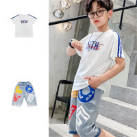 Boys denim shorts two-piece set medium and large children's letter print thin summer clothes  White
