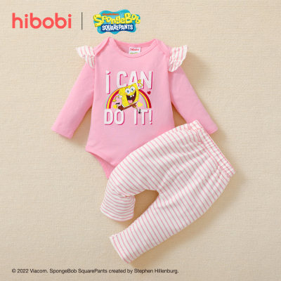 hibobi×Spongebob Baby Girl Cartoon Print Ruffle Long Sleeve Bodysuit and striped Pants Set