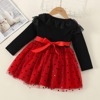 Toddler Polka Dot Bowknot Decor Lace Mesh Long Sleeve Dress