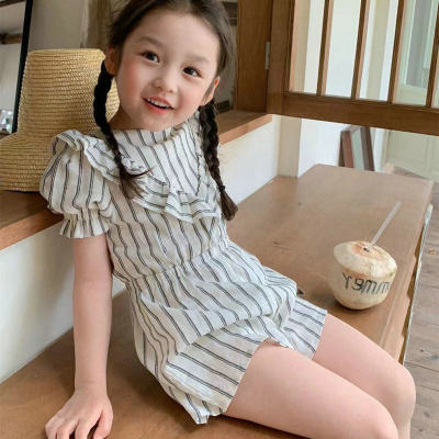 Girls pants striped short-sleeved jumpsuit jumpsuit 2024 summer new style foreign trade children's clothing drop shipping 3-8 years old