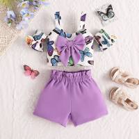 Girls Suit New Short Sleeve Butterfly Camisole Shorts Two-piece Children's Suit  Purple