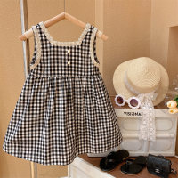 2023 Summer Girls Roman Holiday Baby Lace-Edged Sweet Black and White Checkered Princess Vest Skirt 3-8 Years Old  Black