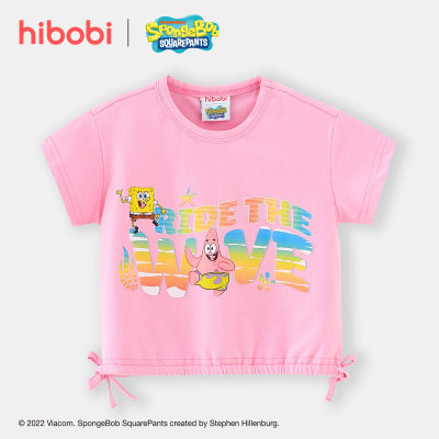 hibobi x Bob Esponja Camiseta de cuello redondo con estampado de letras dulces para niñas pequeñas