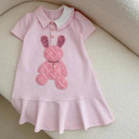 Girls fashion irregular polo dress children's summer design niche cartoon rabbit pink sweater dress  Pink