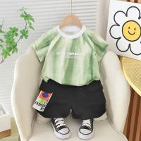 New style summer suit for baby boys, stylish one-year-old boy, summer handsome short-sleeved bamboo cotton print two-piece suit  Green