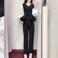 3PCS Western style women’s fashionable professional suit with puff sleeves, slimming and slimming  Black