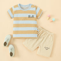 Toddler Boy Yellow And White Stripes T-shirt & Emoji Shorts  Khaki