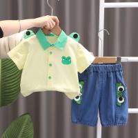 2 Summer new boys and girls cartoon short-sleeved T-shirt solid color lapel POLO shirt suit baby animal two-piece suit trendy  Yellow