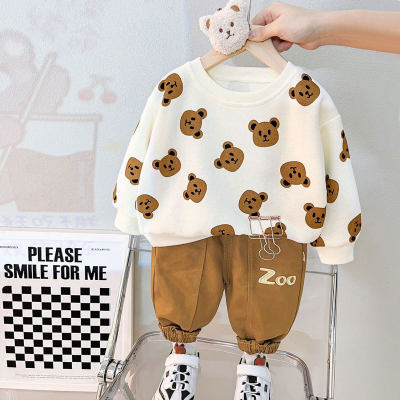 Top e pantaloni a maniche lunghe con stampa orsetto casual autunnale per bambino in 2 pezzi